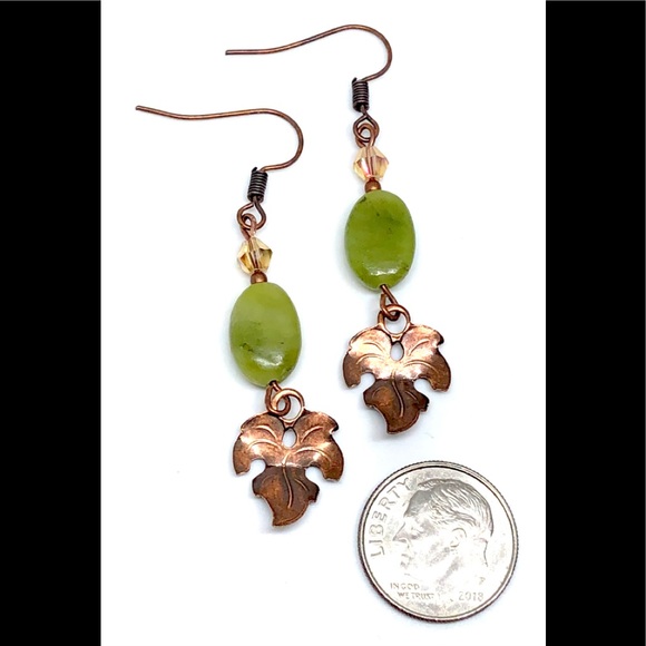 Green Irish Connemara Marble Antique Copper Leaf AB Gold Crystal Dangle Earrings - Picture 3 of 3